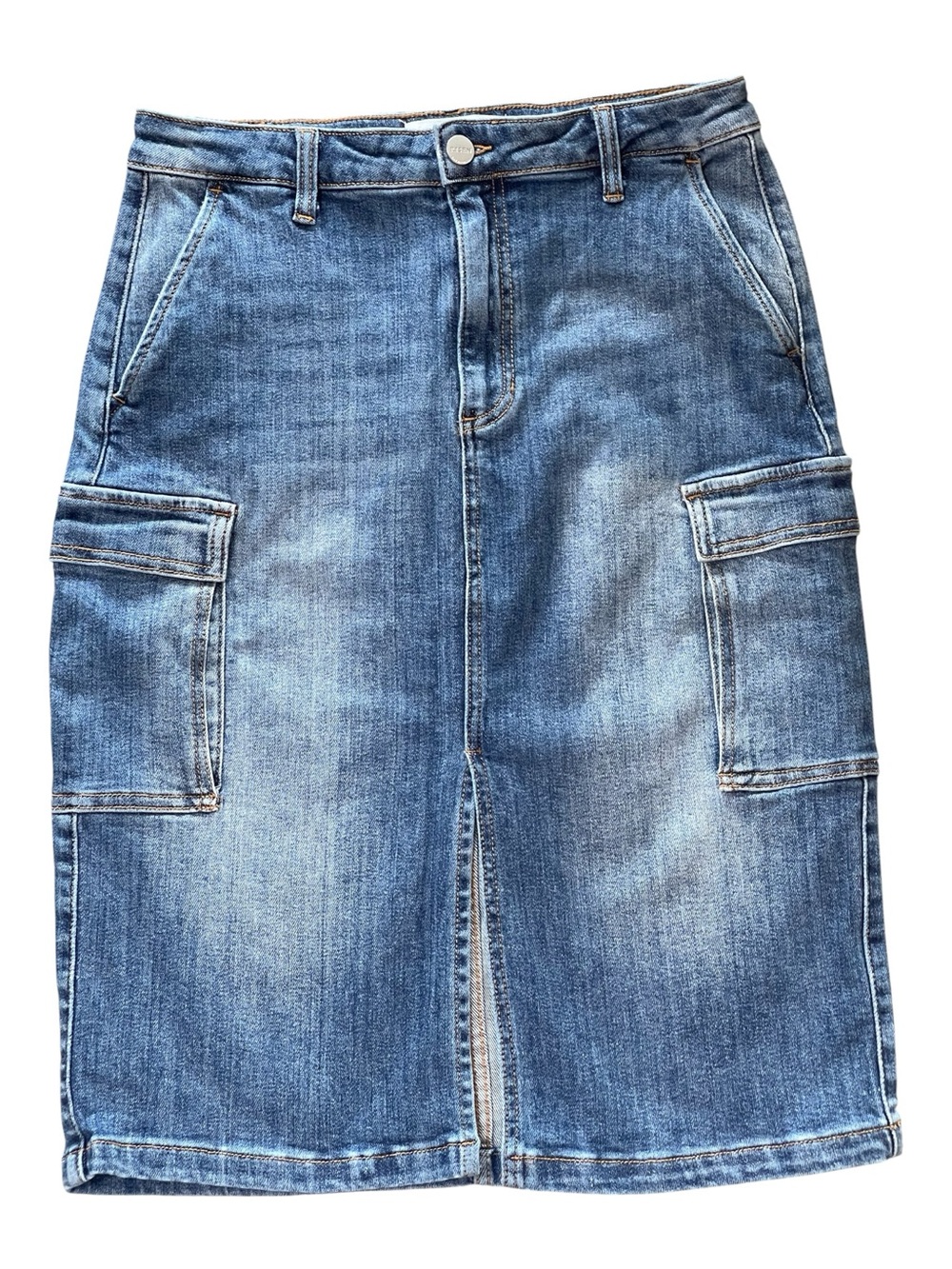 Risen Jeans Utility Cargo Denim Jean Midi Skirt Sz L Pockets Front Slit Stretch